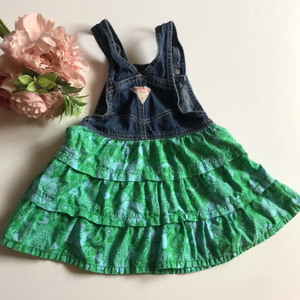 Oshkosh Denim Dress Hawaiian Girls Denim Overall Dress with Tropical Dress